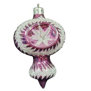 Pink Indent Finial Glass Christmas Tree Ornament Reflector Glitter Vtg Retro MCM